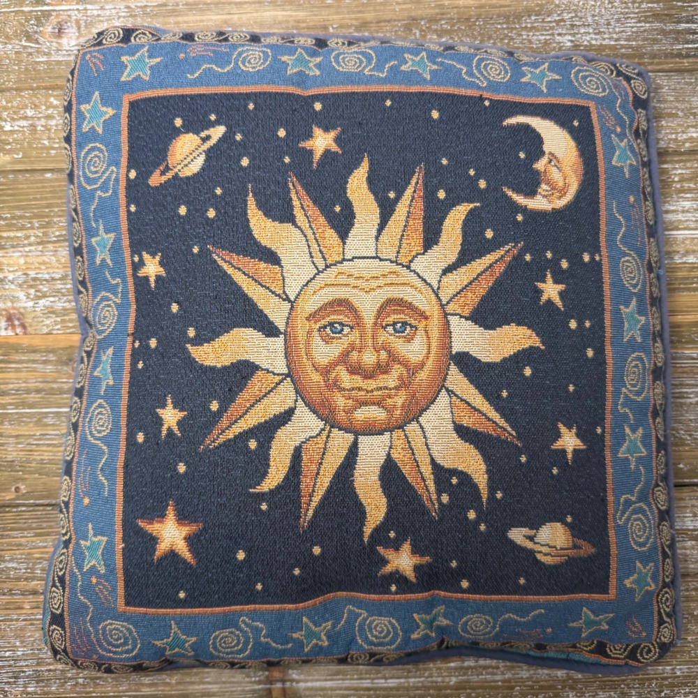 Vintage Celestial Sun Moon Stars Tapestry Pillow Whimsical Navy Blue 90s Boho